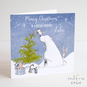 Biglietto di Natale con orso polare e amici: pinguino e coniglio