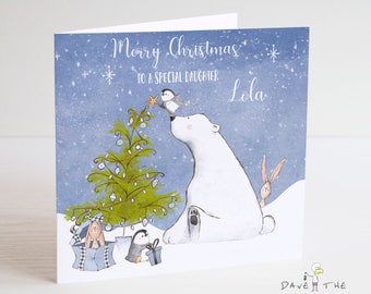 Polar Bear Christmas Card with Friends - Penguin and Rabbit