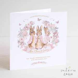 Triplets Taufkarte - Kleine Mädchen personalisierte Bunny Rabbit Design
