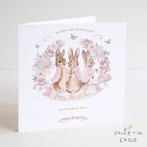 Triplet Geburtstagskarte - Baby Mädchen personalisierte Bunny Rabbit Design