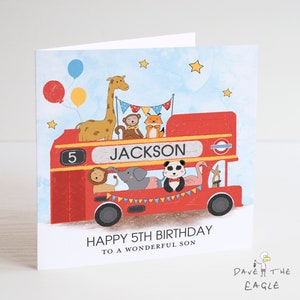 Geburtstag Red Fun Bus - Personalisiert - London Bus - Tiere Tochter, Sohn. Enkelin, Enkel