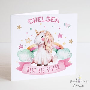 Tarjeta de cumpleaños personalizada con unicornio de la mejor hermana mayor