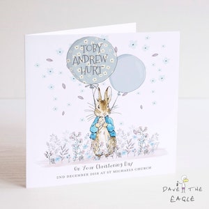 Balloon Christening Card - Vintage Bunny Rabbit - Personalised Boys Design