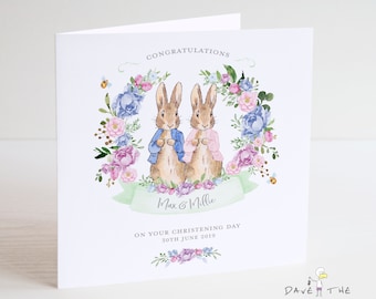 Twins Christening Card - Boy and Girl - Personalised Vintage Bunny Rabbits