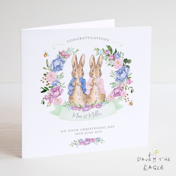 Twins Christening Card - Boy and Girl - Personalised Vintage Bunny Rabbits