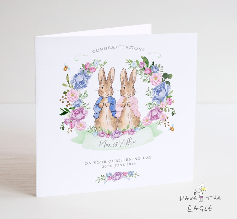 Twins Christening Card Boy and Girl Personalised Vintage Bunny Rabbits image 1