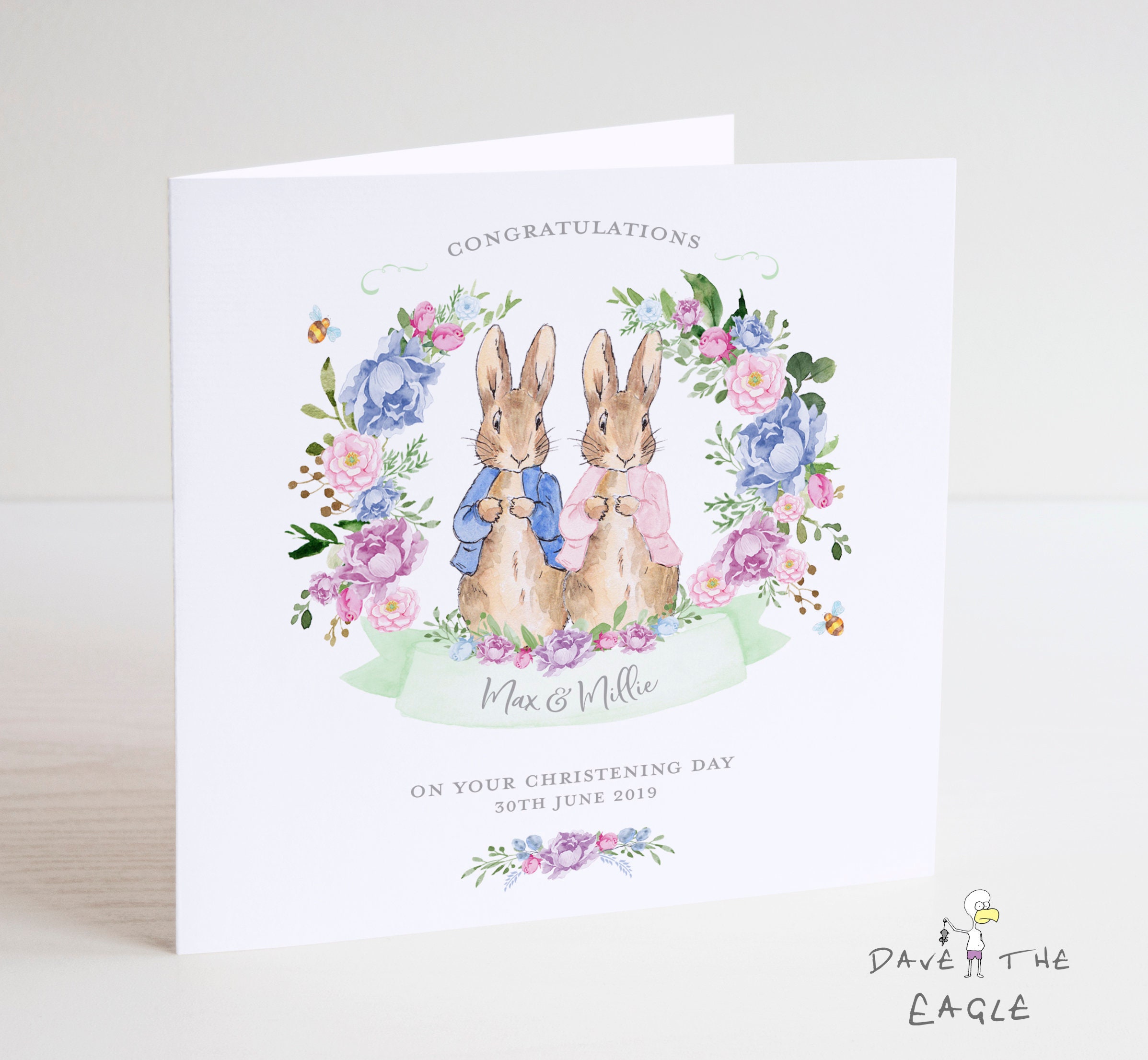 Zwillings-Taufkarte - Junge und Mädchen - personalisierte Vintage Hase Kaninchen