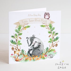 Badger New Baby Boy Card - Personalised - woodland