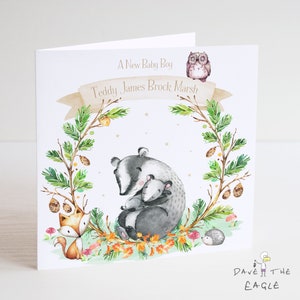 Tarjeta Badger New Baby Boy - Personalizada - bosque