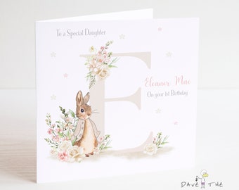 Cartão de aniversário inicial personalizado A-Z - Coelhinho Vintage
