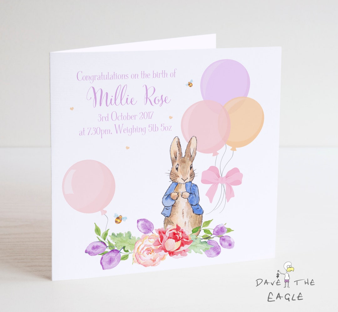 New Baby Card - Girls Personalised Bunny Rabbit Design - Etsy