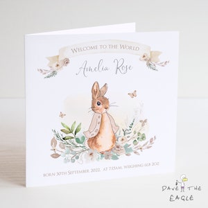 Nieuwe babykaart - Babymeisje - Gepersonaliseerd - Vintage Bunny Card Neutrale kleur