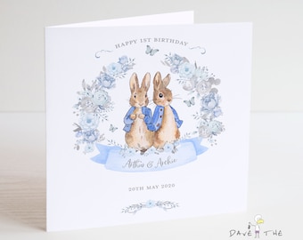 Twins Birthday Card - Baby Boys Personalised Bunny Rabbit Design