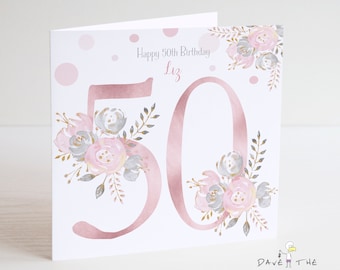 50th Birthday card - Personalised - Blush and Gold - Ladies or Girls Birthday