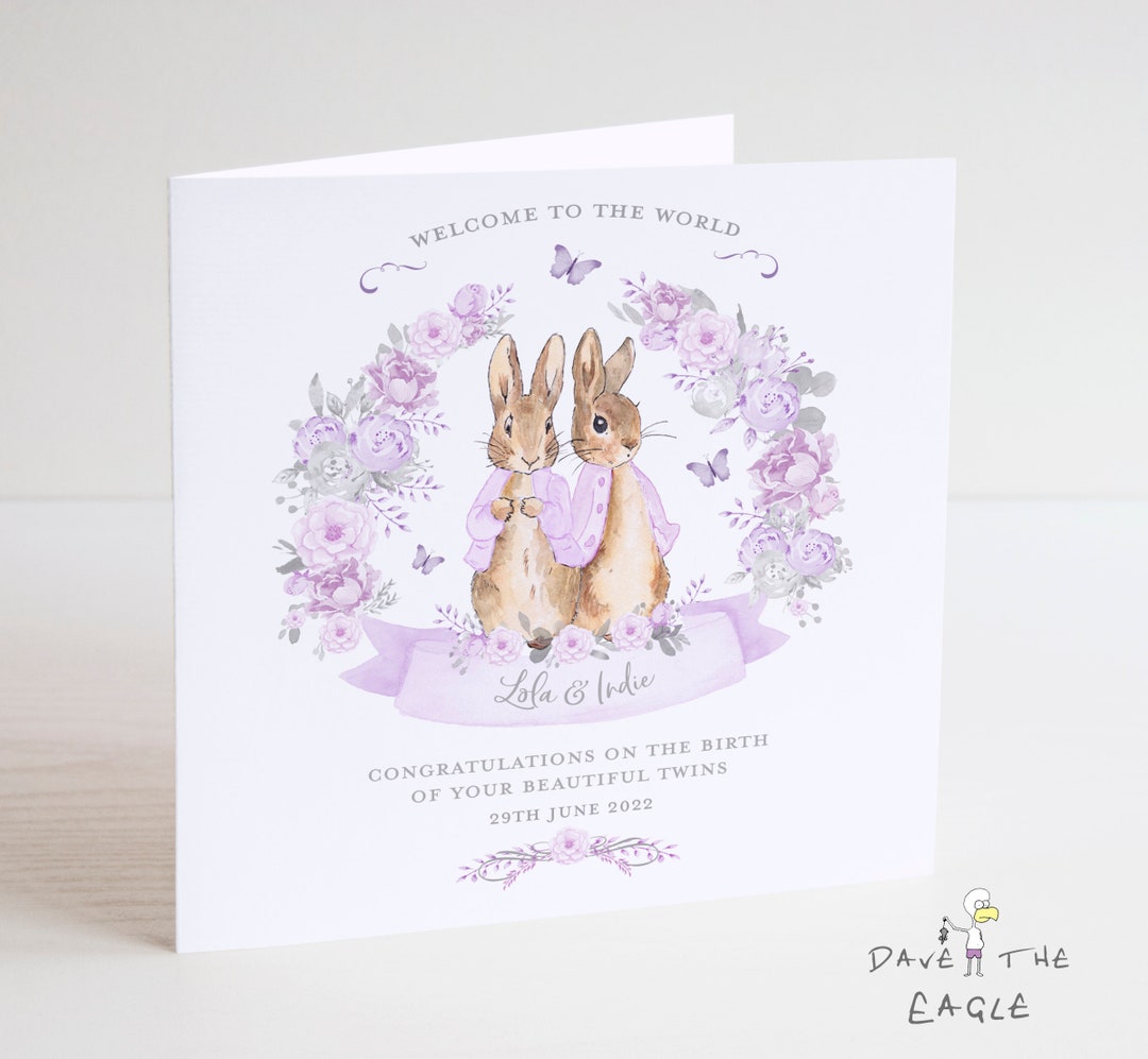 Twins New Baby Card Baby Girls Personalised Vintage Bunny Rabbits Lilac 