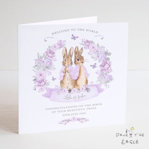Twins New Baby Card - Bébés filles - Lapins vintage personnalisés - Lilas