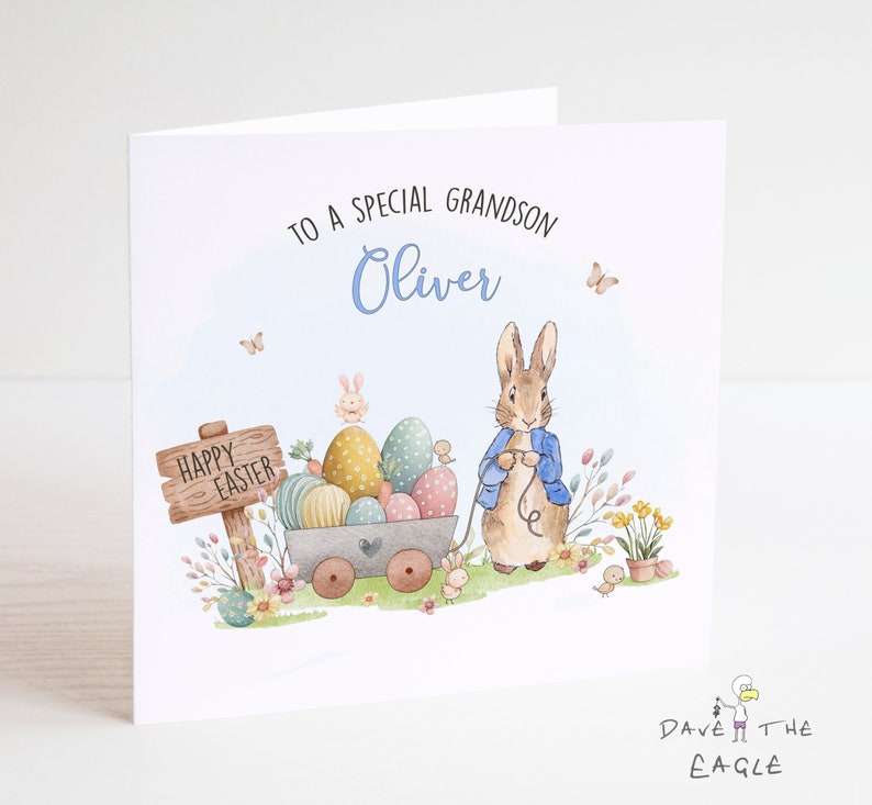 Easter Card Personalised Boys Bunny Rabbit Design Grandson Son Godson Nephew Any Relation zdjęcie 1