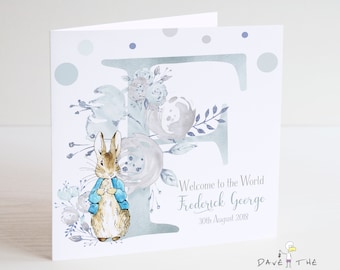 New Baby Card - Welcome to the World - Vintage Bunny Rabbit - Personalised