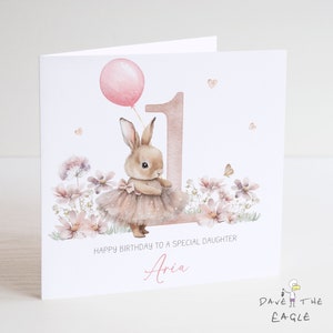 Little Bunny Girls Birthday Card - Personalised - Daughter Granddaughter Niece Goddaughter - (Ages 1-9)