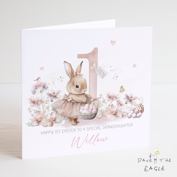 Little Bunny Girls Easter Card - Personalised - First Easter - Daughter Granddaughter Niece Goddaughter.