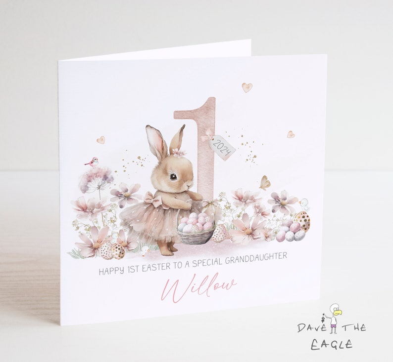 Little Bunny Girls Easter Card Personalised First Easter Daughter Granddaughter Niece Goddaughter. image 1