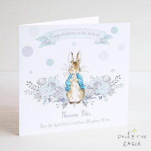 Nueva tarjeta de bebé - Conejo vintage personalizado - Diseño floral, regalo para recién nacidos, tarjeta de recuerdo