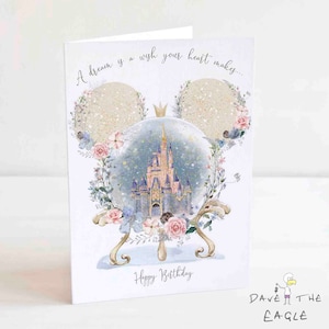 Snow Globe Birthday Card - Fairytale Castle - Mickey Mouse - Magical - Daughter Granddaughter A5