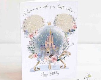 Snow Globe Birthday Card - Fairytale Castle - Mickey Mouse - Magical - Daughter Granddaughter A5