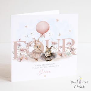 Biglietto di auguri per il 4° compleanno di una coniglietta - Personalizzato - Figlia, Nipote, Figlioccia - Quarto compleanno