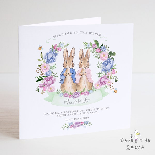 Twins New Baby Card - Boy and Girl Personalised Bunny Rabbit Design