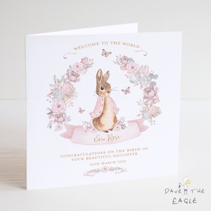 New Baby Card - Baby Girl - Personalised - Vintage Bunny Card