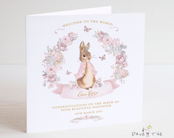New Baby Card - bébé fille - personnalisée - carte lapin vintage