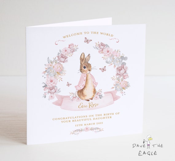 New Baby Card Baby Girl Personalised Vintage Bunny Card Etsy