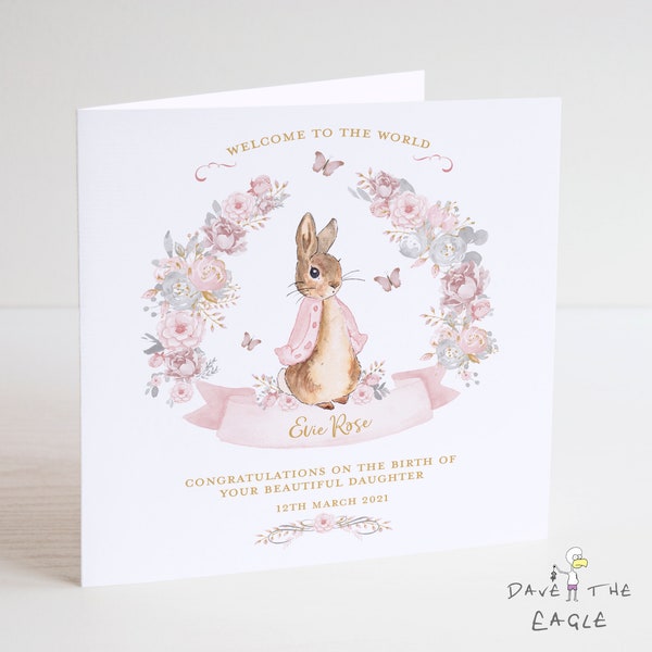 New Baby Card - Baby Girl - Personalised - Vintage Bunny Card