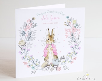 Christening Card - Girls Personalised Bunny Rabbit Design