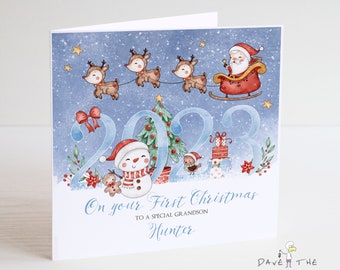 Baby's First Christmas Card 2023 - Personalised -  Grandson, Granddaughter, Son, Daughter etc