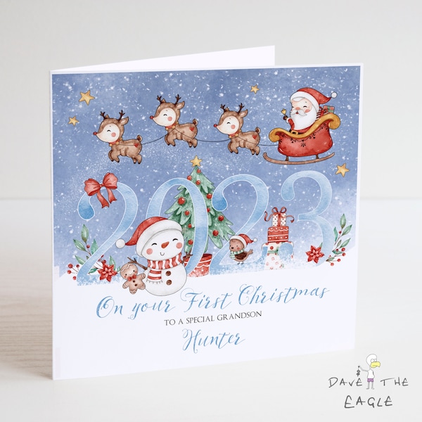 Baby's First Christmas Card 2023 - Personalised -  Grandson, Granddaughter, Son, Daughter etc