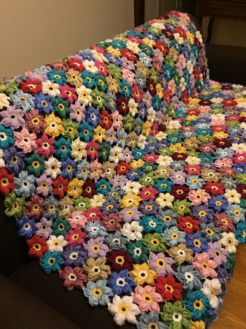 Crocheted colorful flower afghan blanket throw made to Etsy