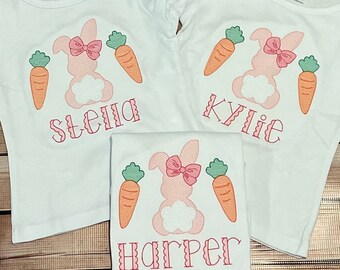 Personalized Bunny Shirt~Easter shirt~Girl Easter Bunny Shirt~Easter outfit~Bunny Trio embroidery