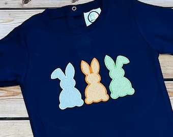 Easter Bunny Boy Romper~Easter Romper~Gingham Bunny Romper~Embroidered Boy Easter Bubble