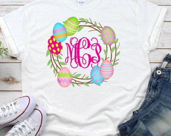 Monogram Easter Egg Wreath Shirt~Easter shirt~Monogram Shirt~Kids Easter Shirt~Adult Easter Shirt~Egg Hunt Shirt~Egg Shirt