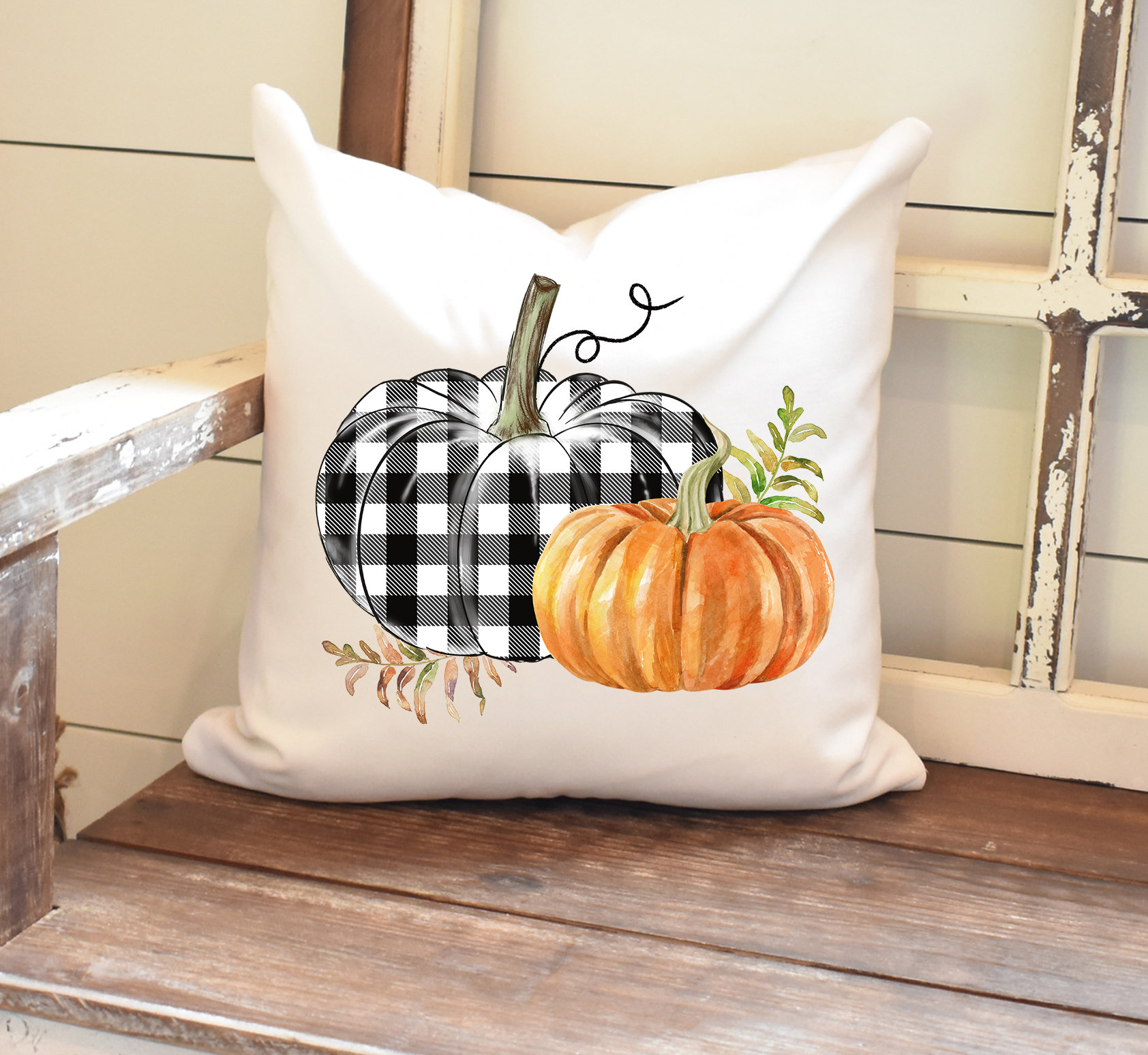Fall Coastal Indoor Outdoor Pillow Cover, Embroidered Pumpkin with Fringed Trim, Neutral Tan, 20x20