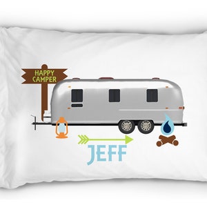 Personalized Happy Camper Pillowcase~ Airstream Camper~ RV~ Camping Pillowcase ~ Summer Camp Pillowcase ~ Standard Personalized Pillowcase