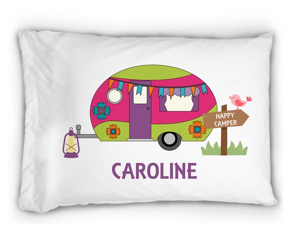 Happy Camper Pillowcase \u2022 Personalized Camp Pillow case \u2022 Decorative Personalized Pillowcase \u2022 Camping Gear \u2022 Camp Birthday Party Gift