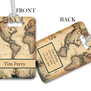 May include: A luggage tag with a vintage world map design. The front features the name "Tim Perry" in a brown banner. The back has a black and white name tag with the text "Tim Perry", "123 Main Street", "City, ST 40001", and "123-456-7890".