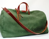 Maxi Duffel bag waxed canvas type cotton with natural waxes military green, with leather handles and closures,hand wax