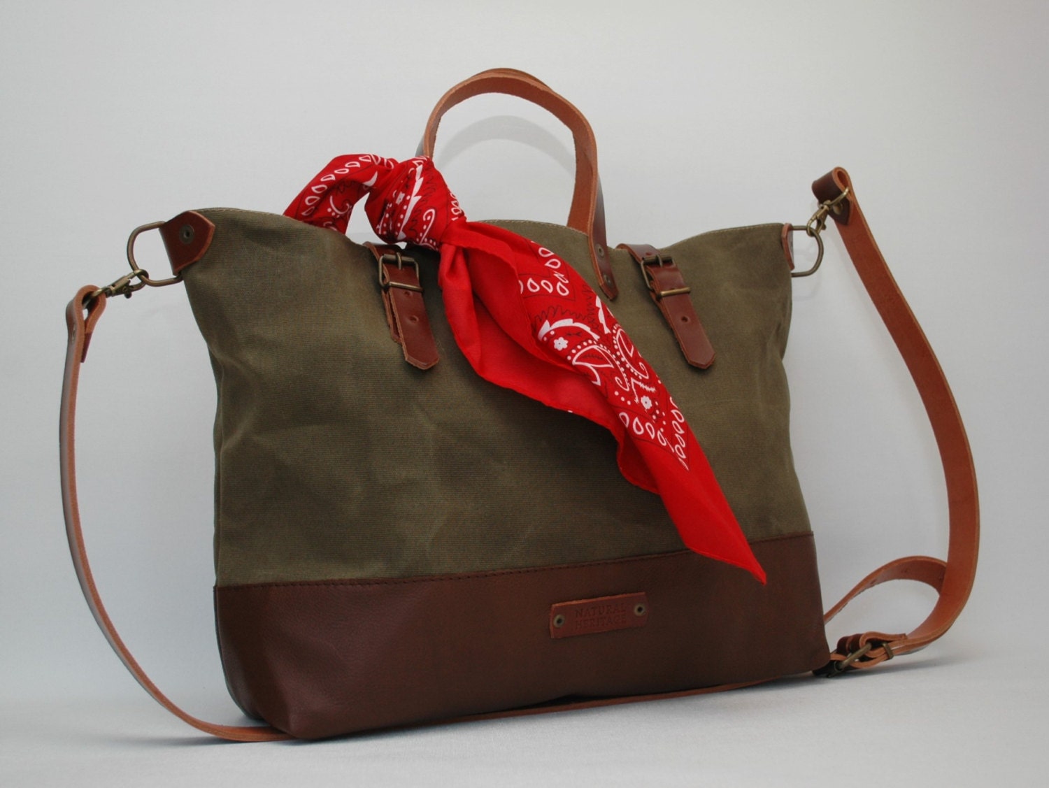 extra large,waxed canvas bag/tote bag/ with leather handles and closu…