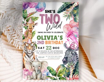 May include: A birthday invitation with a watercolor design. The invitation features the text "She's Two Wild" and "Olivia's 2nd Birthday". It includes illustrations of a giraffe, tiger, elephant, and zebra, surrounded by tropical leaves and balloons.
