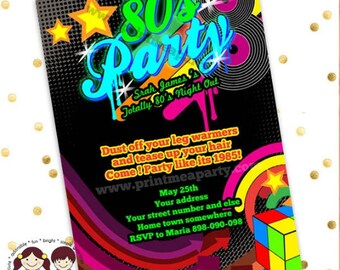 Festa di compleanno a tema anni '80, Inviti stampabili a tema anni '80, Invito festa al neon, Totalmente anni '80, 40° 45° 50°
