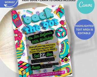 Back to the 90s Invite 1990s Birthday Invitation Rewind Retro Editable Party Invitation Throwback Party House Party 90s theme Neon Canva